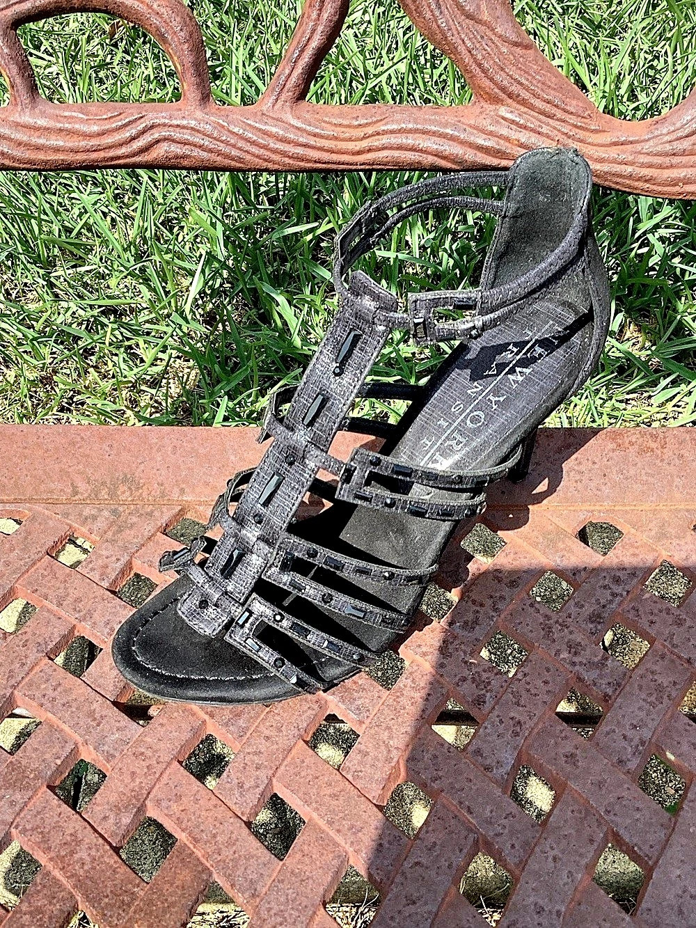 New York Transit Black Strappy Rhinestone Heels US 8